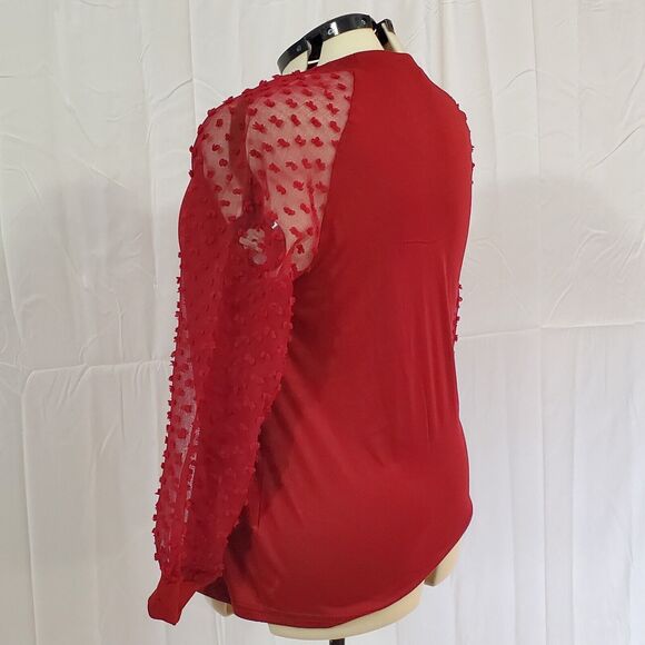 Bloomchic Blouse Women's Large12 Red Solid Long Mesh Sleeve w/ Fabric Dots - Picture 3 of 8